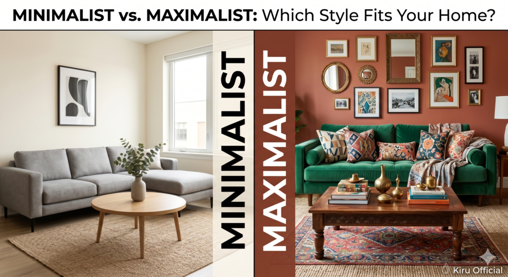 Minimalist vs Maximalist Home Decor living room comparison by Kiru Official.
